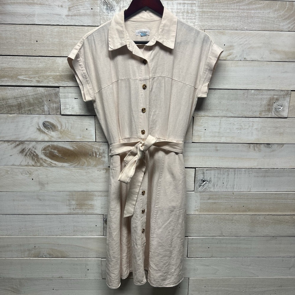 Calvin‎ Klein Dress Womens 8 Pink Linen Blend Belted Button Up Resort Lagenlook